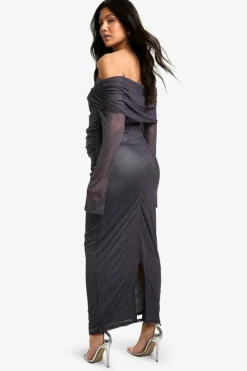 Bodycon Dresses|Dresses*boohoo Maternity Glitter Mesh Deep Bardot Long Sleeve Midaxi Dress charcoal