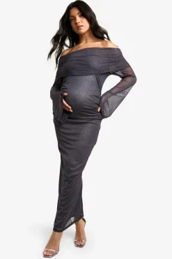 Bodycon Dresses|Dresses*boohoo Maternity Glitter Mesh Deep Bardot Long Sleeve Midaxi Dress charcoal