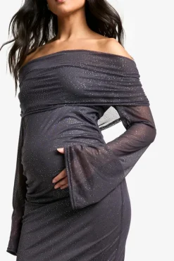Bodycon Dresses|Dresses*boohoo Maternity Glitter Mesh Deep Bardot Long Sleeve Midaxi Dress charcoal