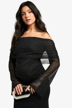 Bodycon Dresses*boohoo Maternity Glitter Mesh Deep Bardot Long Sleeve Midaxi Dress black