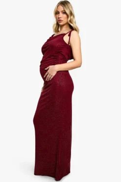 Bodycon Dresses|Maxi Dresses*boohoo Maternity Glitter Mesh Low Back Maxi Dress burgundy