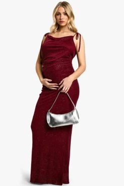 Bodycon Dresses|Maxi Dresses*boohoo Maternity Glitter Mesh Low Back Maxi Dress burgundy