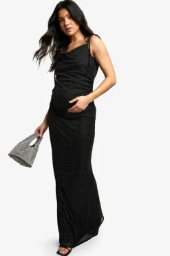 Bodycon Dresses|Maxi Dresses*boohoo Maternity Glitter Mesh Low Back Maxi Dress black
