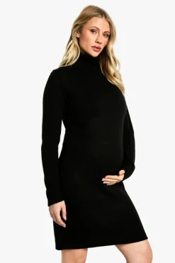 Jumper Dresses|Jumper Dresses*boohoo Maternity Knitted Roll Neck Dress black