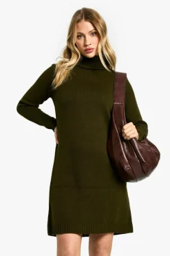 Jumper Dresses|Jumper Dresses*boohoo Maternity Knitted Roll Neck Dress dark olive