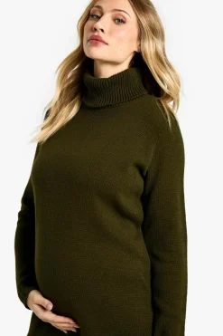 Jumper Dresses|Jumper Dresses*boohoo Maternity Knitted Roll Neck Dress dark olive