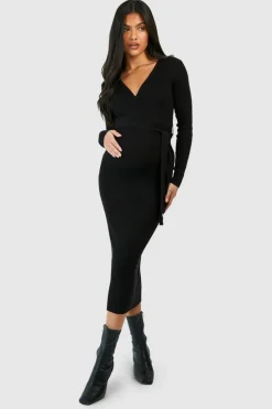 Jumper Dresses|Jumper Dresses*boohoo Maternity Knitted Wrap Midi Dress black
