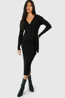 Jumper Dresses|Jumper Dresses*boohoo Maternity Knitted Wrap Midi Dress black