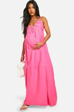 Smock Dresses*boohoo Maternity Linen Look Strappy Maxi Dress bright pink