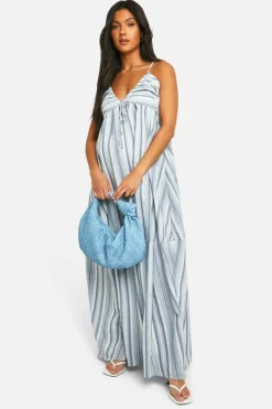 Smock Dresses*boohoo Maternity Linen Look Striped Strappy Maxi Dress light blue