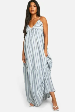 Smock Dresses*boohoo Maternity Linen Look Striped Strappy Maxi Dress light blue