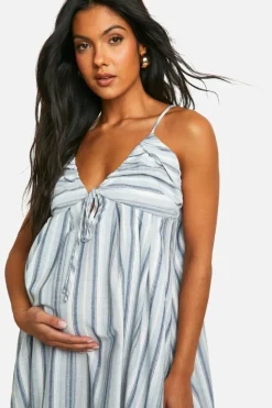 Smock Dresses*boohoo Maternity Linen Look Striped Strappy Maxi Dress light blue