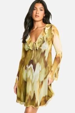 Skater Dresses|Mini Dresses*boohoo Maternity Mesh Abstract Print Ruffle Detail Long Sleeve Skater Mini Dress multi