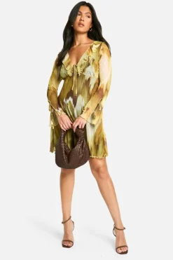 Skater Dresses|Mini Dresses*boohoo Maternity Mesh Abstract Print Ruffle Detail Long Sleeve Skater Mini Dress multi