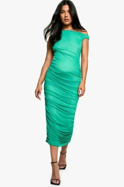 Bodycon Dresses*boohoo Maternity Mesh Asymmetric Neck Ruched Midaxi Dress bright green