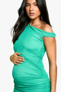 Bodycon Dresses*boohoo Maternity Mesh Asymmetric Neck Ruched Midaxi Dress bright green