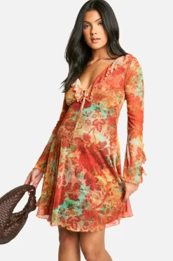 Skater Dresses*boohoo Maternity Mesh Floral Print Ruffle Detail Long Sleeve Skater Mini Dress orange