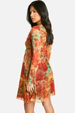 Skater Dresses*boohoo Maternity Mesh Floral Print Ruffle Detail Long Sleeve Skater Mini Dress orange