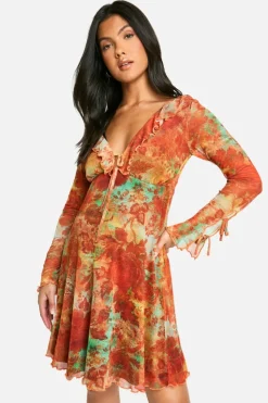 Skater Dresses*boohoo Maternity Mesh Floral Print Ruffle Detail Long Sleeve Skater Mini Dress orange