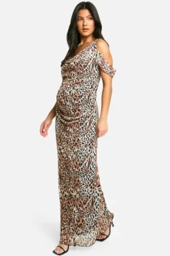 Bodycon Dresses|Maxi Dresses*boohoo Maternity Mesh Leopard Print Cowl Neck Bardot Maxi Dress brown