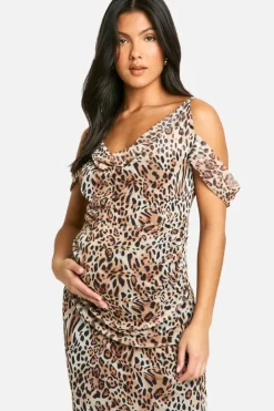 Bodycon Dresses|Maxi Dresses*boohoo Maternity Mesh Leopard Print Cowl Neck Bardot Maxi Dress brown