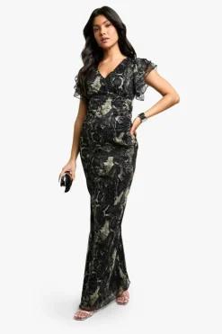 Bodycon Dresses|Maxi Dresses*boohoo Maternity Mesh Snake Print Ruffle Sleeve Plunge Maxi Dress multi