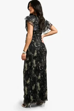 Bodycon Dresses|Maxi Dresses*boohoo Maternity Mesh Snake Print Ruffle Sleeve Plunge Maxi Dress multi