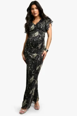 Bodycon Dresses|Maxi Dresses*boohoo Maternity Mesh Snake Print Ruffle Sleeve Plunge Maxi Dress multi
