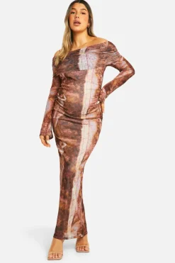 Bodycon Dresses|Long Sleeve Dresses*boohoo Maternity Mesh Snake Print Fold Over Bardot Midaxi Dress multi