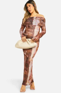 Bodycon Dresses|Long Sleeve Dresses*boohoo Maternity Mesh Snake Print Fold Over Bardot Midaxi Dress multi