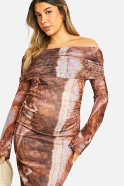 Bodycon Dresses|Long Sleeve Dresses*boohoo Maternity Mesh Snake Print Fold Over Bardot Midaxi Dress multi