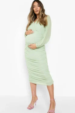 Wrap Dresses|Midi Dresses*boohoo Maternity Mesh Wrap Midi Dress sage