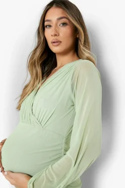 Wrap Dresses|Midi Dresses*boohoo Maternity Mesh Wrap Midi Dress sage