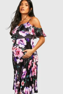 Midi Dresses*boohoo Maternity Occasion Floral Pleated Midi Dress black