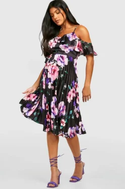 Midi Dresses*boohoo Maternity Occasion Floral Pleated Midi Dress black