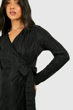 Wrap Dresses*boohoo Maternity Plisse Wrap Belted Mini Dress black