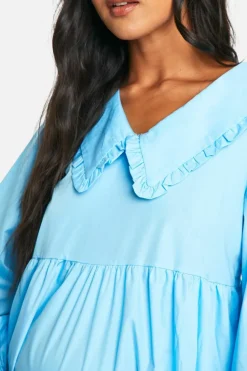 Smock Dresses*boohoo Maternity Poplin Frill Collared Long Sleeve Smock Dress light blue
