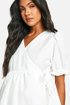 Wrap Dresses|Mini Dresses*boohoo Maternity Puff Sleeve Wrap Mini Smock Dress white