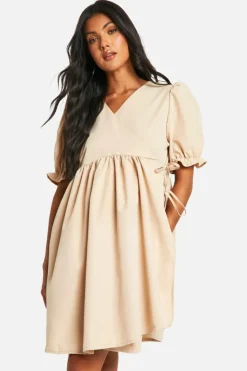 Wrap Dresses*boohoo Maternity Puff Sleeve Wrap Mini Smock Dress stone