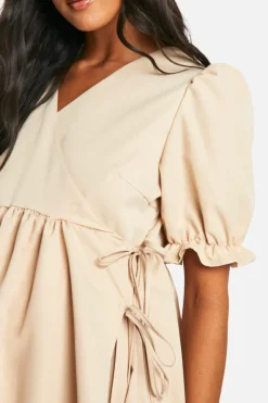 Wrap Dresses*boohoo Maternity Puff Sleeve Wrap Mini Smock Dress stone