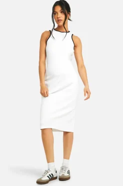 Midi Dresses*boohoo Maternity Ribbed Racer Neck Contrast Binding Midi Dress white