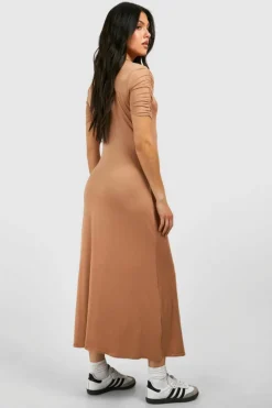 T-Shirt Dresses*boohoo Maternity Ruched Sleeve Supersoft Column Midaxi Dress camel