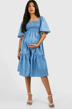 Smock Dresses|Midi Dresses*boohoo Maternity Shirred Chambray Midi Smock Dress blue