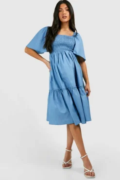 Smock Dresses|Midi Dresses*boohoo Maternity Shirred Chambray Midi Smock Dress blue