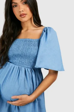 Smock Dresses|Midi Dresses*boohoo Maternity Shirred Chambray Midi Smock Dress blue