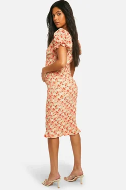 Midi Dresses*boohoo Maternity Shir Floral Milkmaid Midi Dress red