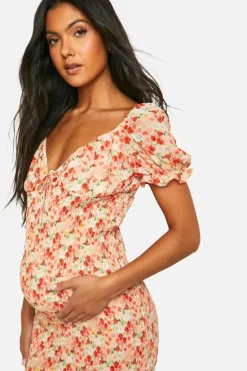 Midi Dresses*boohoo Maternity Shir Floral Milkmaid Midi Dress red