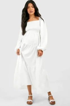 Smock Dresses*boohoo Maternity Shirred Poplin Midaxi Dress white