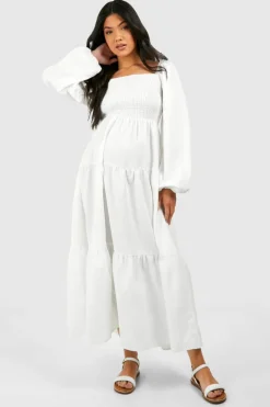 Smock Dresses*boohoo Maternity Shirred Poplin Midaxi Dress white