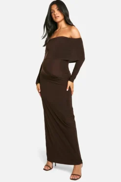 Bodycon Dresses|Maxi Dresses*boohoo Maternity Slinky Deep Bardot Long Sleeve Maxi Dress chocolate
